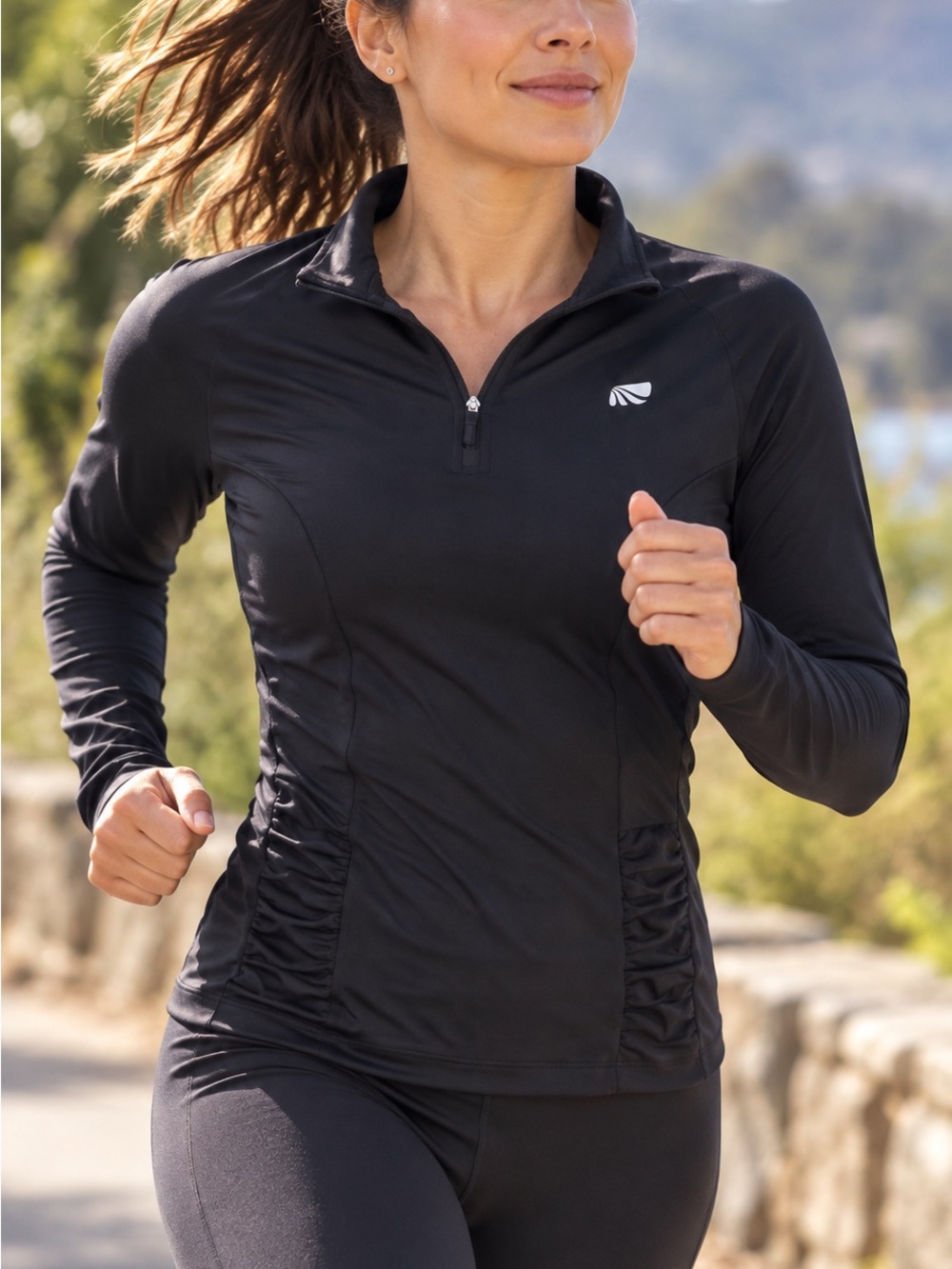 Marika Black Quarter-Zip Ruched Active Top